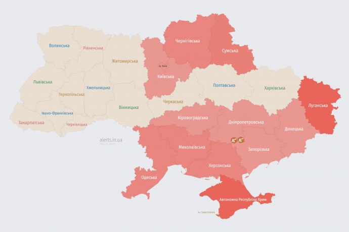 Карта alerts.in.ua в 00.15