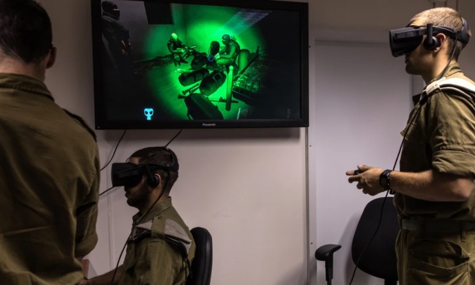 Israeli soldiers conduct a virtual reality training exercise to simulate combat operations in Hamas tunnels in April 2017