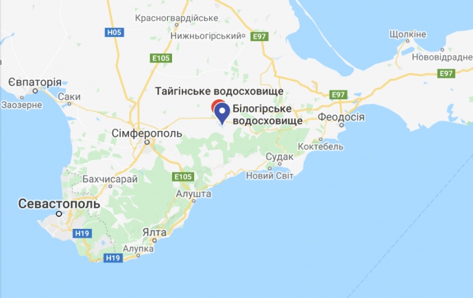 Білогірське водосховище на мапі Криму