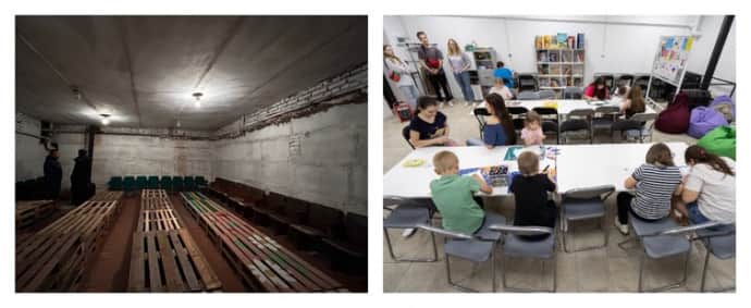 Shelter of an educational institution in Chernihiv region before and after renovation according to the principle of build back better. Photo: savED
