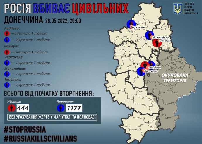 Красным отмечено места гибели украинцев, синим - ранения