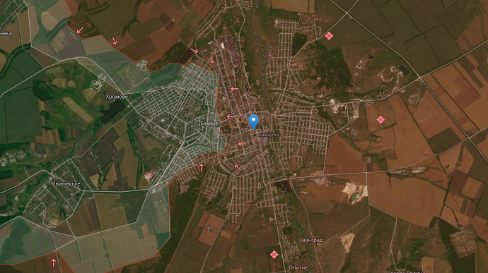 Бахмут, скрін з мапи Deepstate 14 квітня