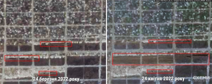 Порівняння супутникових знімків цвинтаря в Старому Криму від 24 березня (ліворуч) і 24 квітня (праворуч)