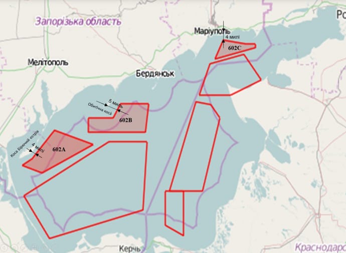 Мапа, на якій зображені обмеження судноплавства через стрільби росіян