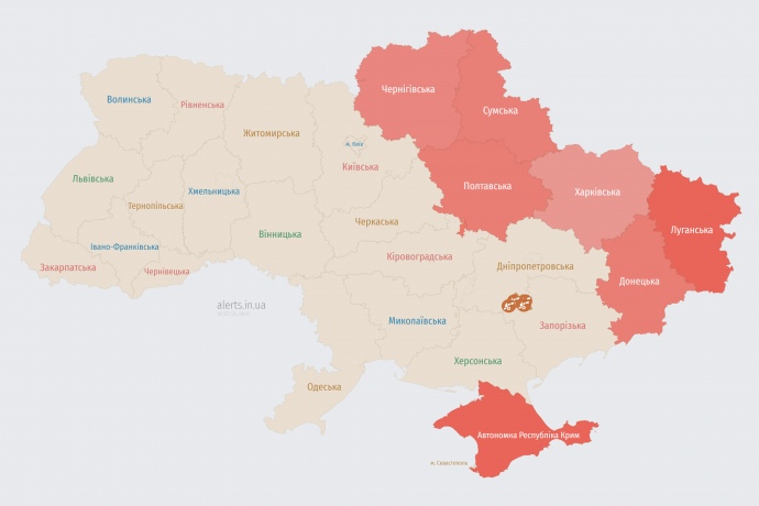 Карта повітряних тривог alerts.in.ua о 00.43