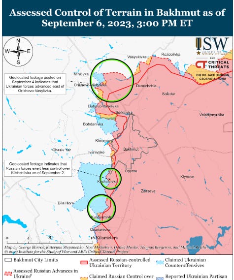 Расположение сил в районе Бахмута Донецкой области, скриншот ISW