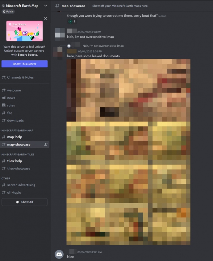 Скріншот допису на сервері, присвяченому Minecraft. Зображення пікселізовано Bellingcat