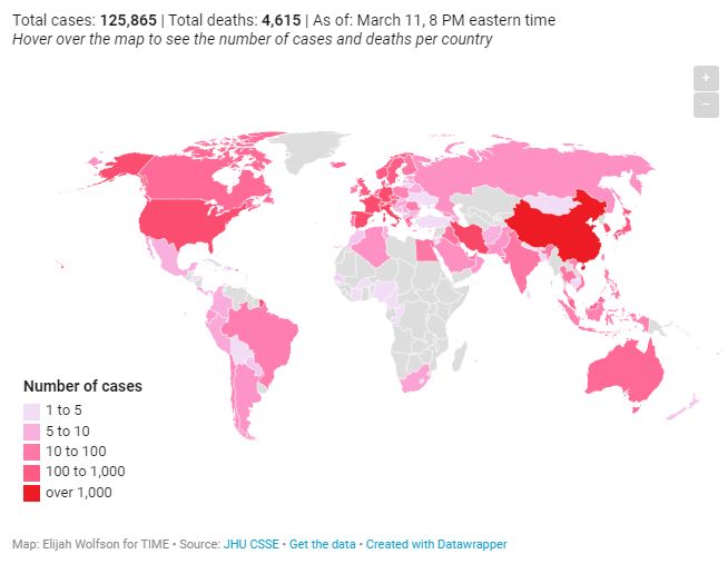 Карта распространения Covid 2019 по состоянию на 11 марта 2020 года