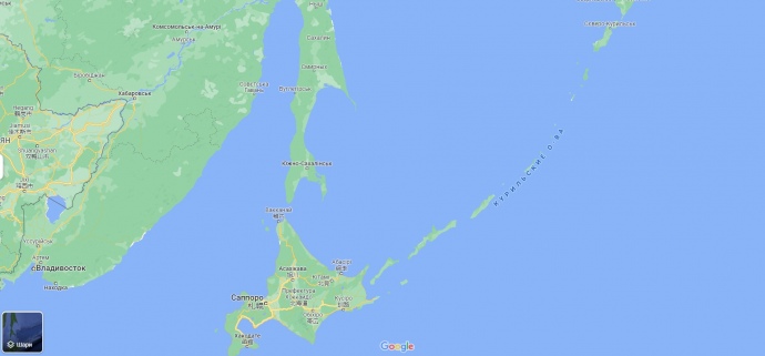 Расположение Курильского архипелага относительно севера Японии, Сахалина и Хабаровского края