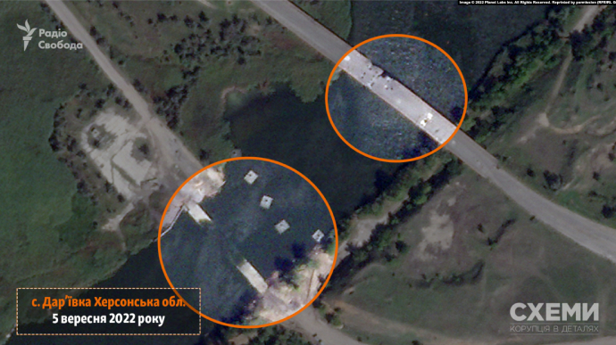 Media show satellite images of destroyed pontoon crossing over Inhulets river