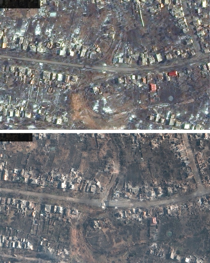 Супутникові знімки Бахмута за 23 лютого (вище) та 6 березня (нижче)