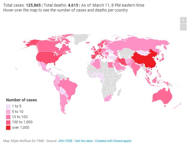 Мапа поширення Covid 2019 станом на 11 березня 2020 року