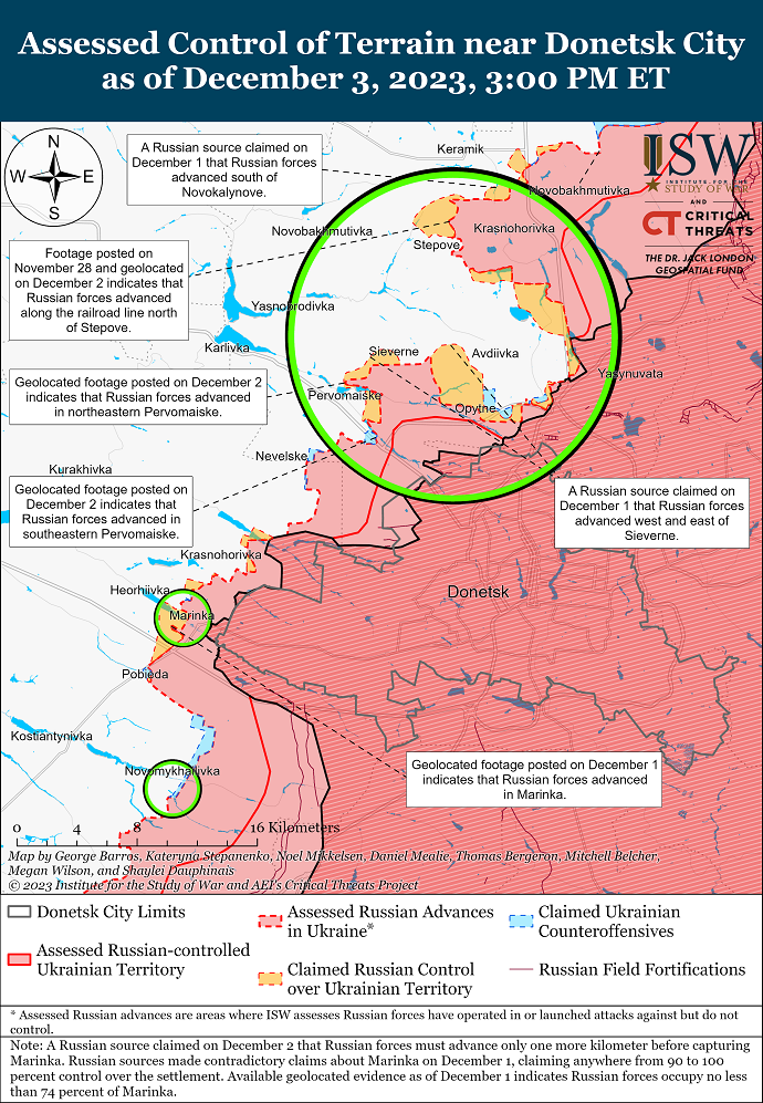 ISW: Руските войски напреднаха на няколко места близо до Авдиевка