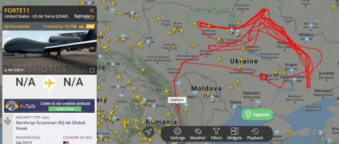 Маршрут польоту безпілотника RQ-4A 16 лютого над Україною (станом на 16:00 за Києвом)