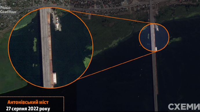  Russians constructing pontoon crossing near Antonivka Bridge – satellite images