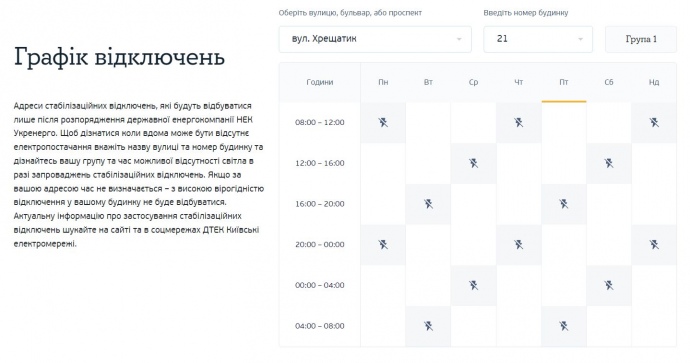 Приклад графіка відключень електроенергії у Києві