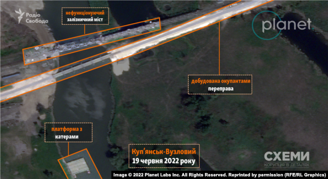 Супутниковий знімок добудованої російськими військовими переправи від 19 червня 2022 року