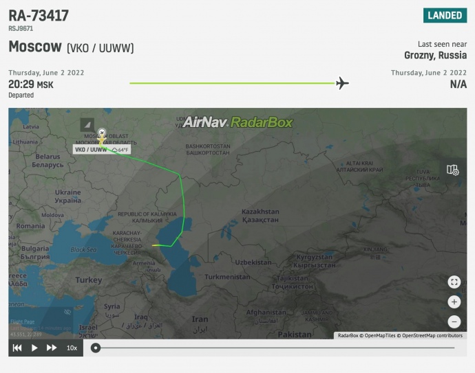 Маршрут польоту літака Кадирова з Москви до Ґрозного 1 червня