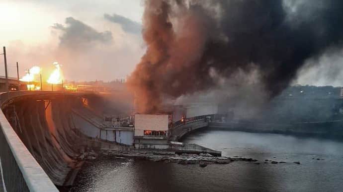 Russians strike Dnipro hydroelectric power plant: fire raging at station, but no threat of dam breach
